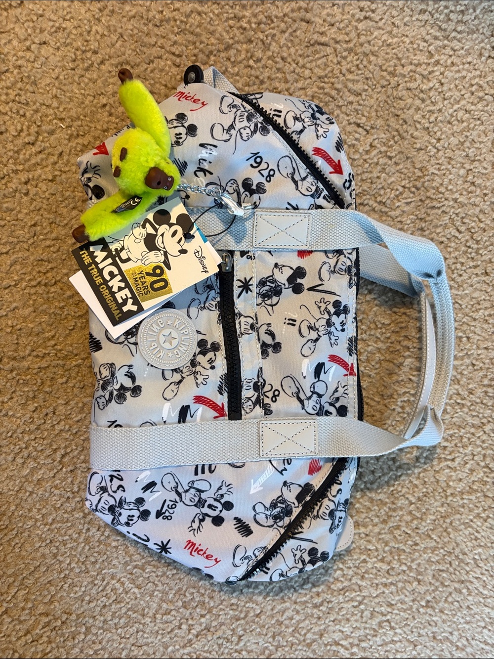 NWT Kipling Disney Light Gray Mickey Print Mini Duffle Bag with Kipling Charm